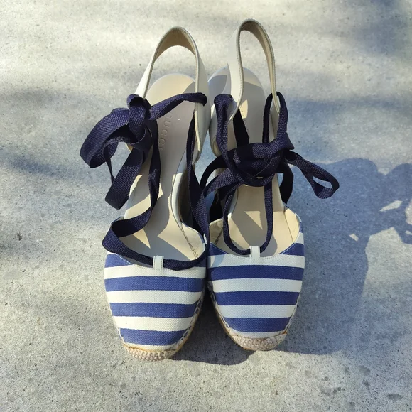 Gucci Blue and White Striped Espadrille Wedges - Picture 1 of 16
